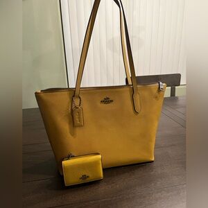 Coach Mustard Yellow Saffiano Leather Tote with Matching Wallet. Like New!!